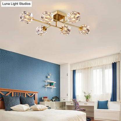 DecorBites™ DecorBites™ Postmodern Gold Crystal Semi Flush Mount Ceiling Light - Cubic Dimpled Design (4/6 Heads)