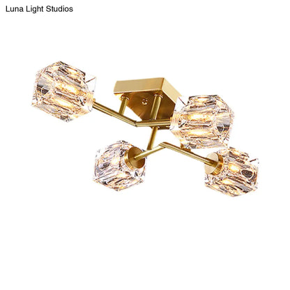 DecorBites™ DecorBites™ Postmodern Gold Crystal Semi Flush Mount Ceiling Light - Cubic Dimpled Design (4/6 Heads)