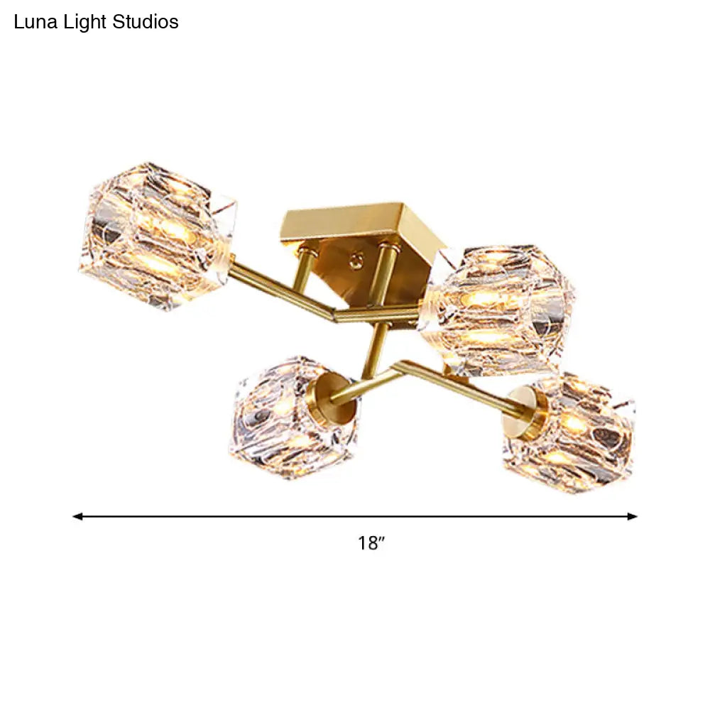 DecorBites™ DecorBites™ Postmodern Gold Crystal Semi Flush Mount Ceiling Light - Cubic Dimpled Design (4/6 Heads)