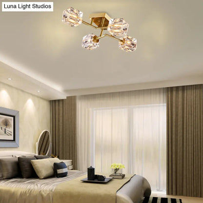 DecorBites™ DecorBites™ Postmodern Gold Crystal Semi Flush Mount Ceiling Light - Cubic Dimpled Design (4/6 Heads)