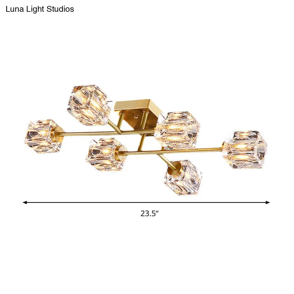 DecorBites™ DecorBites™ Postmodern Gold Crystal Semi Flush Mount Ceiling Light - Cubic Dimpled Design (4/6 Heads)