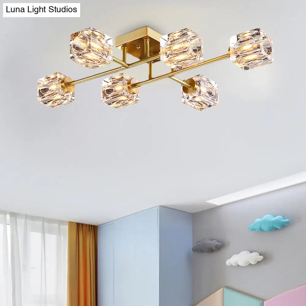 DecorBites™ DecorBites™ Postmodern Gold Crystal Semi Flush Mount Ceiling Light - Cubic Dimpled Design (4/6 Heads)