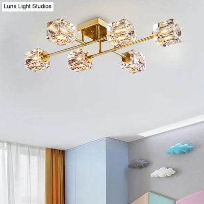 DecorBites™ DecorBites™ Postmodern Gold Crystal Semi Flush Mount Ceiling Light - Cubic Dimpled Design (4/6 Heads)