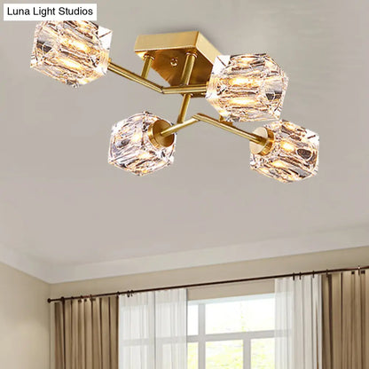 DecorBites™ DecorBites™ Postmodern Gold Crystal Semi Flush Mount Ceiling Light - Cubic Dimpled Design (4/6 Heads)