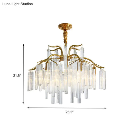 Lámpara de araña posmoderna dorada con brazos curvos y 7 cabezales de varilla de cristal - Lámpara colgante de tres lados