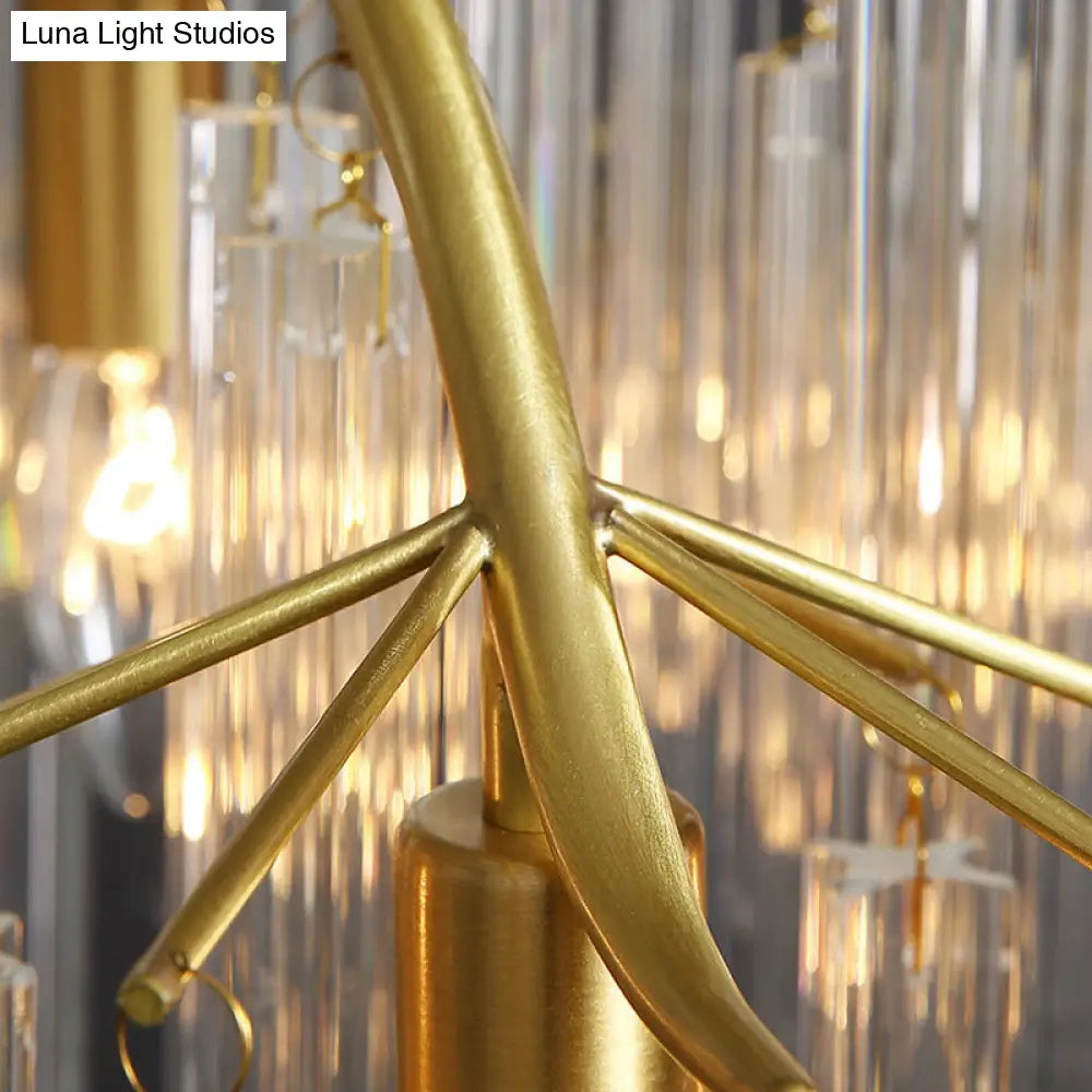 Lámpara de araña posmoderna dorada con brazos curvos y 7 cabezales de varilla de cristal - Lámpara colgante de tres lados
