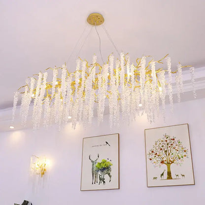 Postmodern gold decorbites crystal chandelier with cascading clear crystal strands resembling tree branches for dining room
