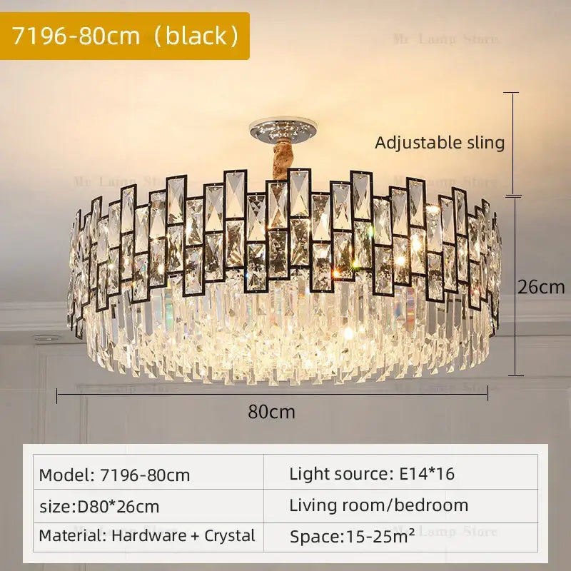 Black-framed decorbites crystal chandelier with cascading clear glass prisms and chrome ceiling mount for living room