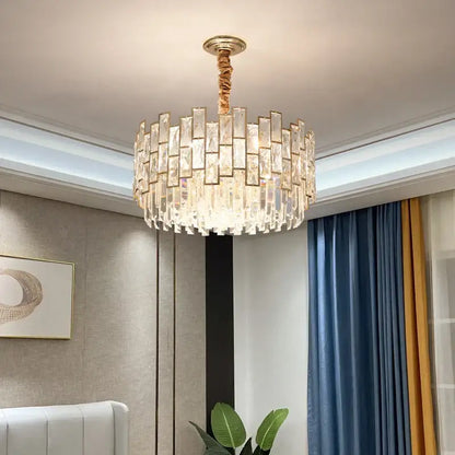 Postmodern gold decorbites crystal chandelier with clear rectangular panels and twisted rope detail for living room