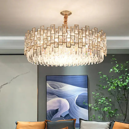 Postmodern gold decorbites crystal chandelier with cascading rectangular glass prisms for living room decor
