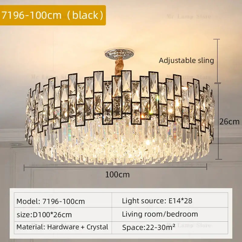 A modern black-framed decorbites crystal chandelier with cascading clear glass prisms and chrome ceiling mount for living room