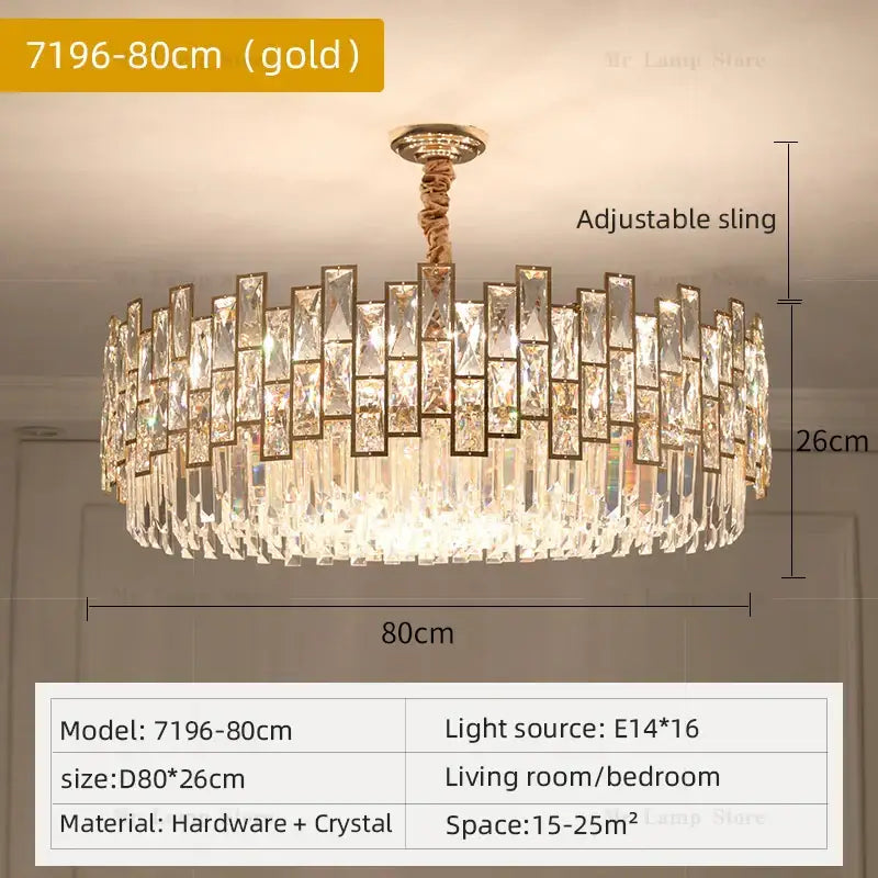 Postmodern gold-toned decorbites crystal chandelier with cascading prisms for elegant living room decor