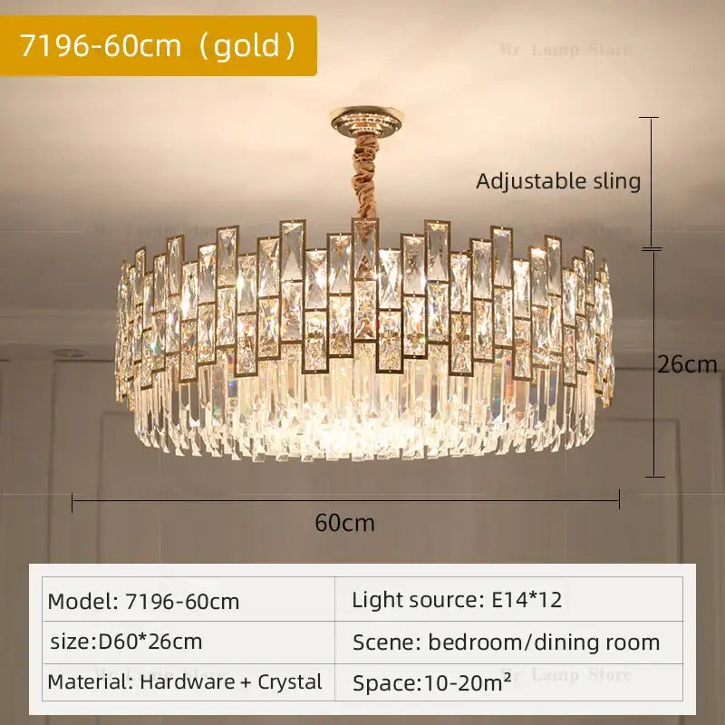 Postmodern gold decorbites crystal chandelier with cascading prisms and adjustable sling for living room decor