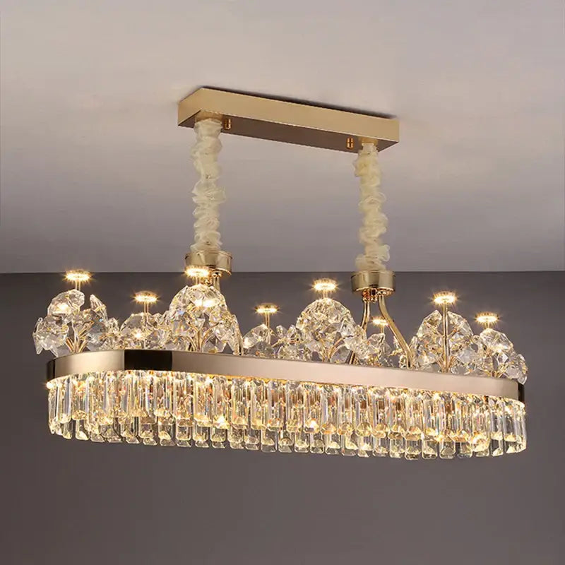 Postmodern gold double layer decorbites crystal chandelier featuring oval shape with crystal flower and prism accents for living room