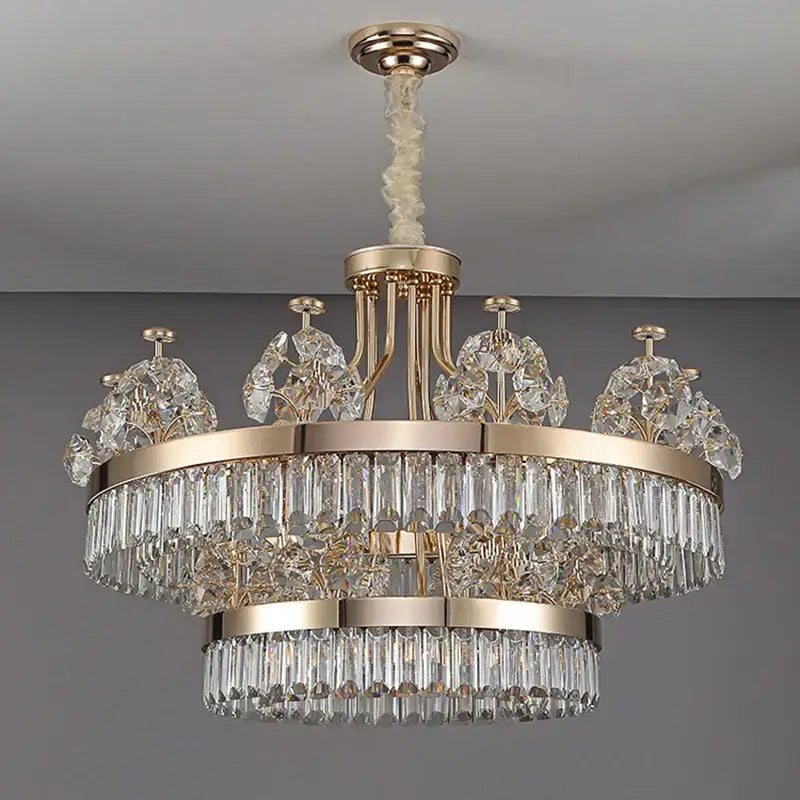 Postmodern gold double layer decorbites crystal chandelier with cascading clear faceted crystals for living room use