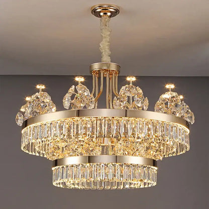 Postmodern gold double layer decorbites crystal chandelier with clear prisms and sculptural elements for living room
