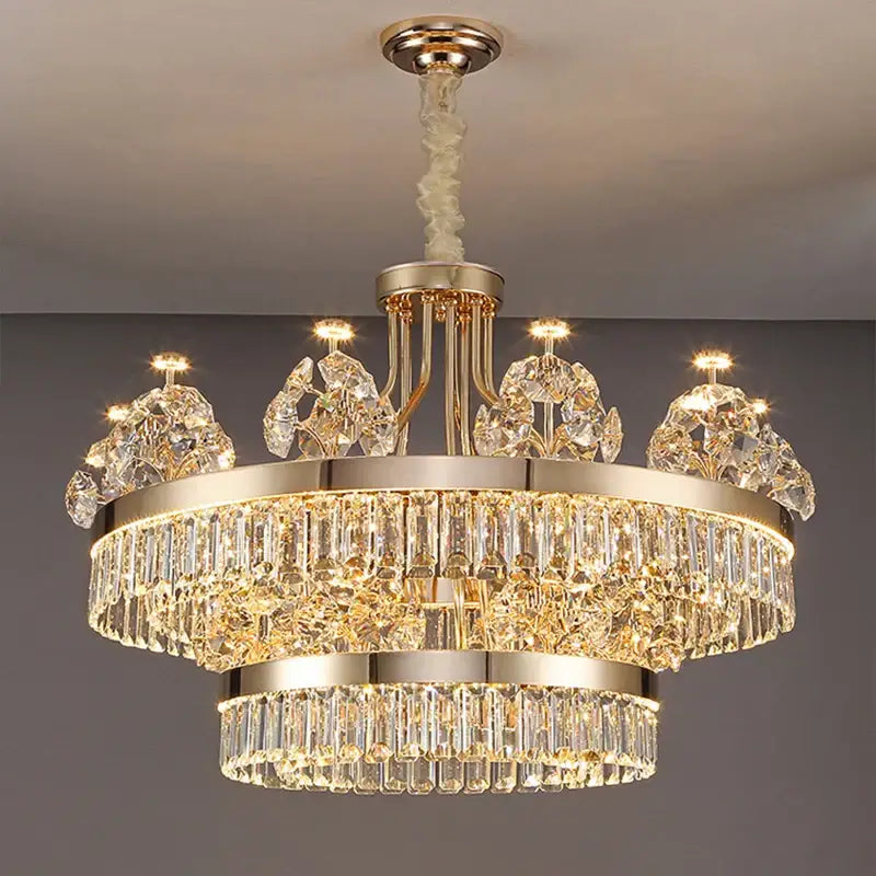 Postmodern gold double layer decorbites crystal chandelier with clear prisms and sculptural elements for living room
