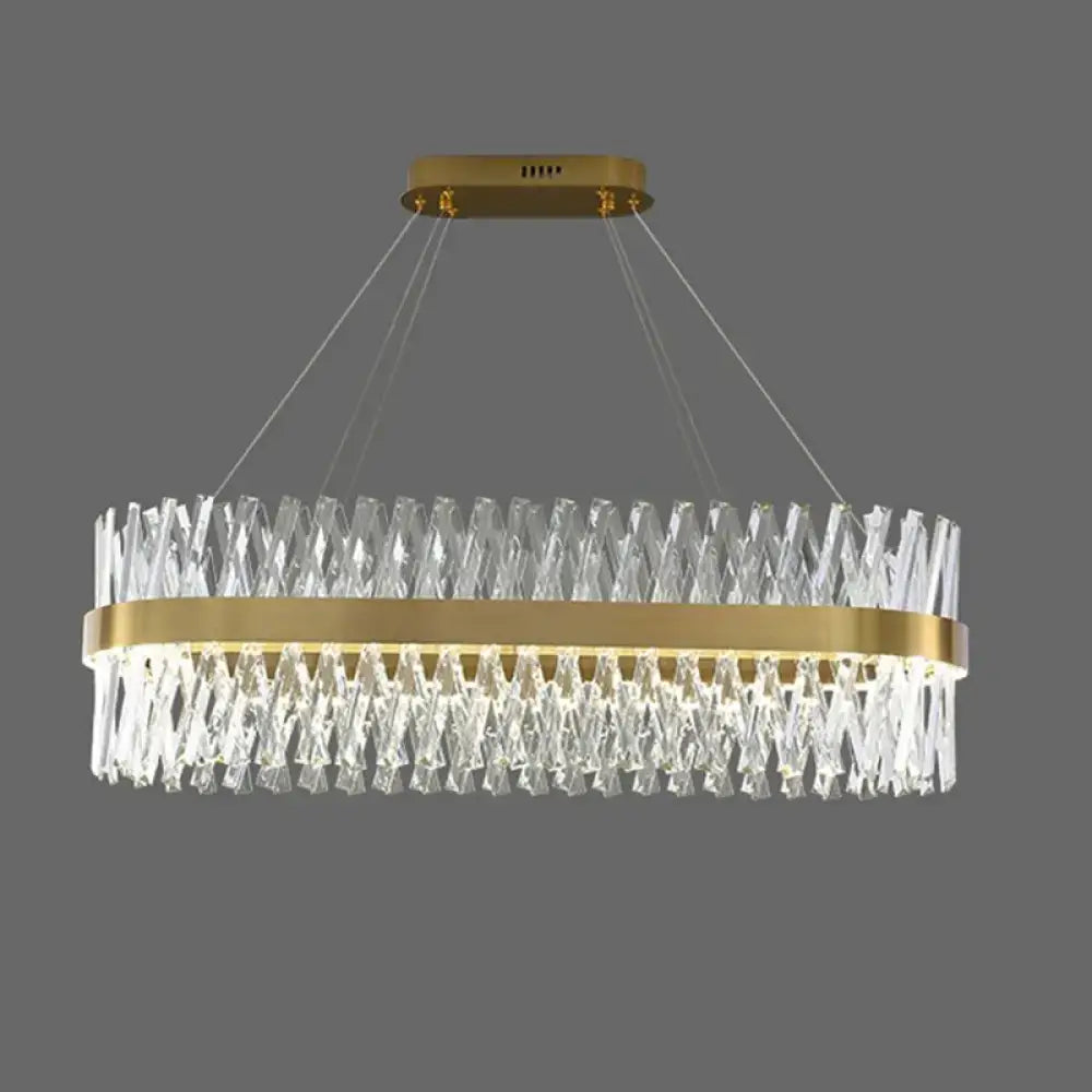 Postmodern gold finish pendant light with circular frame and cascading k9 crystal prisms for bedroom fixture width
