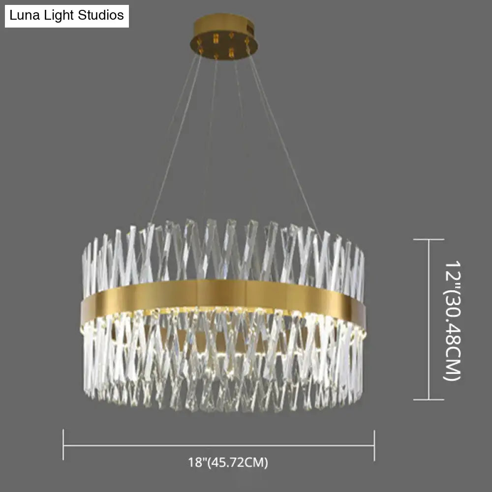 Postmodern gold finish pendant light with geometric k9 crystal prisms and fixture width for bedroom use