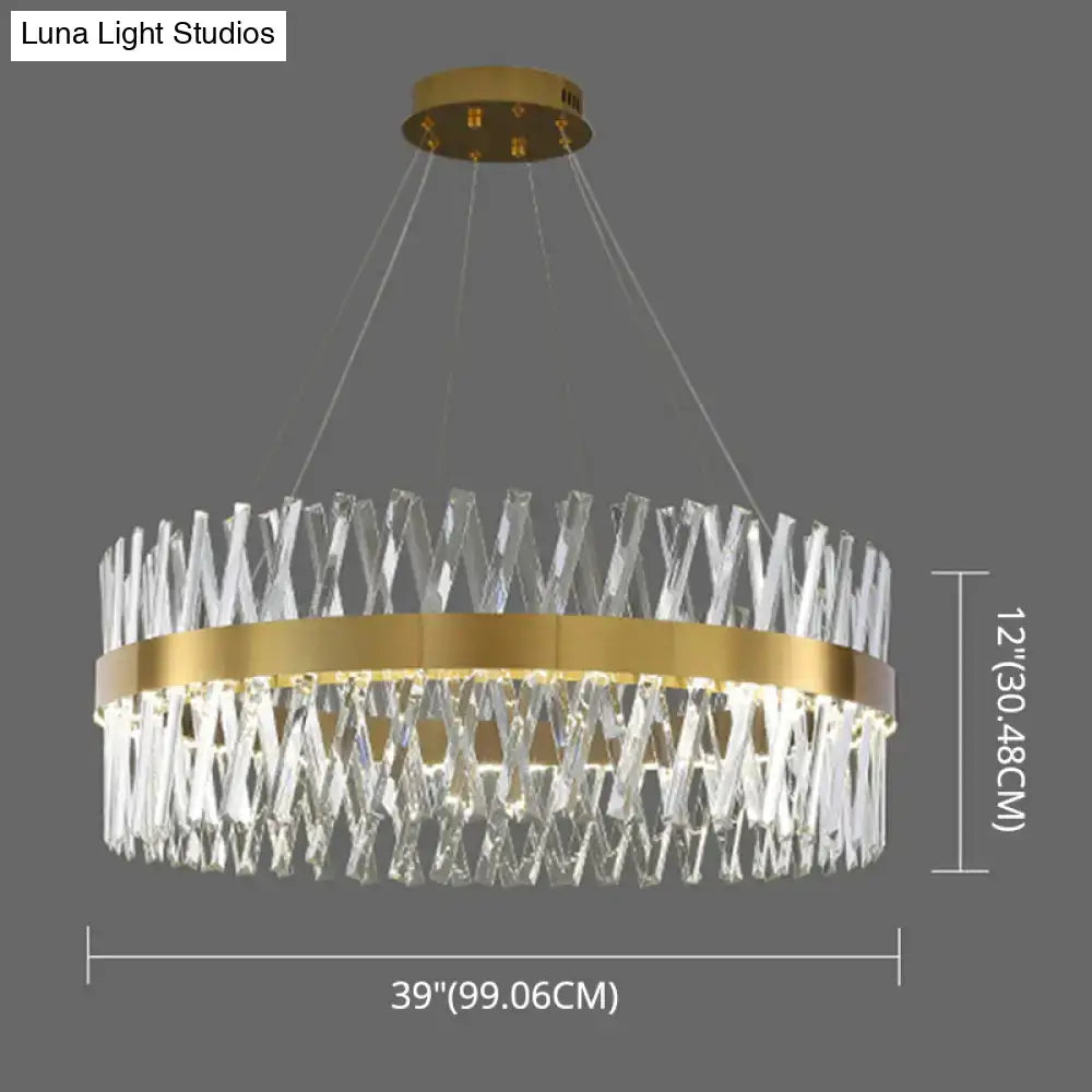 Postmodern gold finish pendant light with circular fixture and clear geometric k9 crystal elements for bedroom