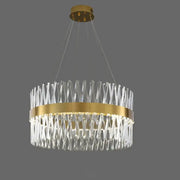 A modern gold finish pendant light with geometric k9 crystal prisms and circular fixture width for bedroom use