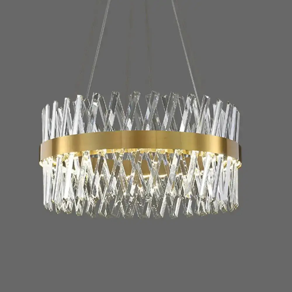 Postmodern pendant light with gold finish featuring a geometric k9 crystal design and modern fixture width for bedroom