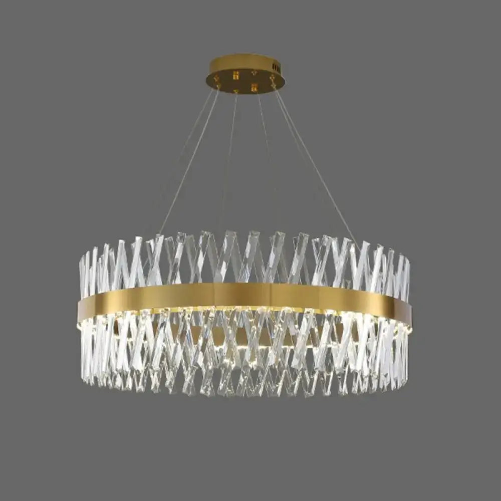 Postmodern gold finish geometric k9 crystal pendant light with clear prisms and fixture width suspended by thin wires