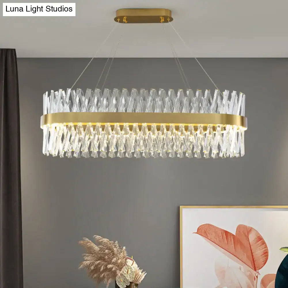Postmodern gold finish pendant light with circular metal frame and faceted k9 crystal elements fixture width suitable for bedroom