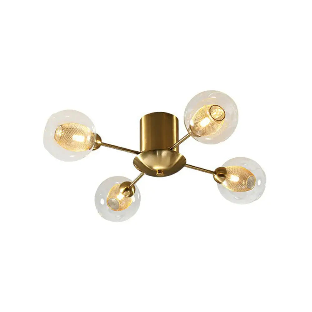 DecorBites™ DecorBites™ Postmodern Gold Finish Semi Flush Ceiling Light with Clear Glass Ball and Mesh Shade Inside