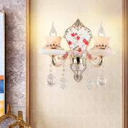 Elegant postmodern gold wall sconce with frosted glass floral shades and crystal droplets for 110v-120v use