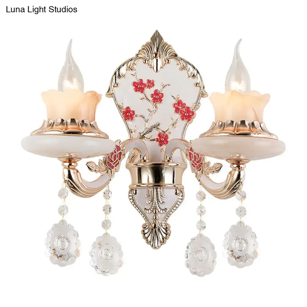 Ornate gold frosted glass floral wall sconce with cherry blossom porcelain panel 110v-120v for dining room lighting