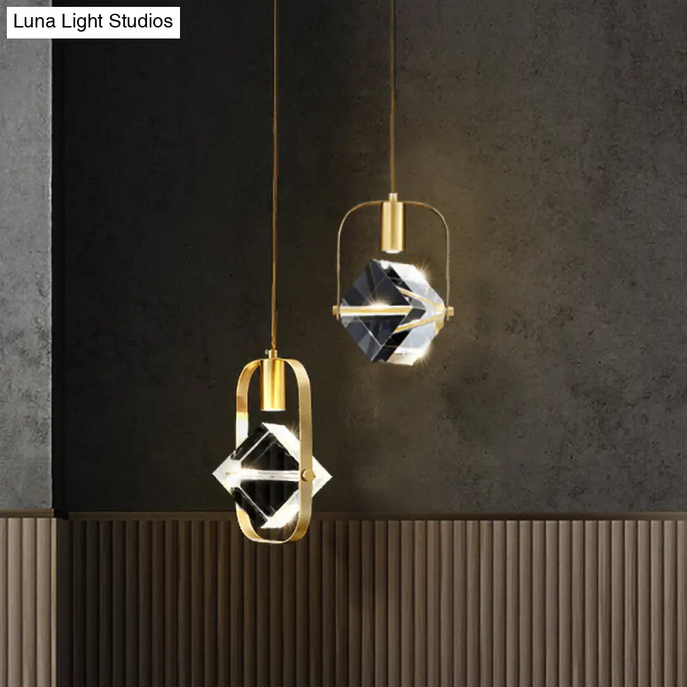 Postmodern Gold Hanging Lamp for Restaurants - 2-Head Cubic Multi Light Pendant with Metal Frame