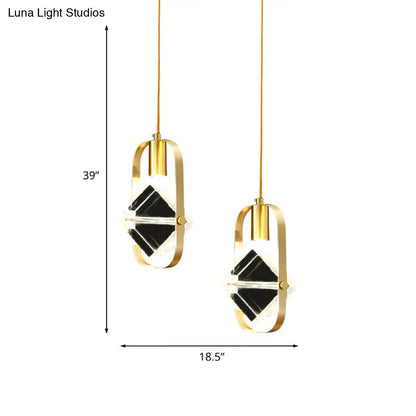 Postmodern Gold Hanging Lamp for Restaurants - 2-Head Cubic Multi Light Pendant with Metal Frame