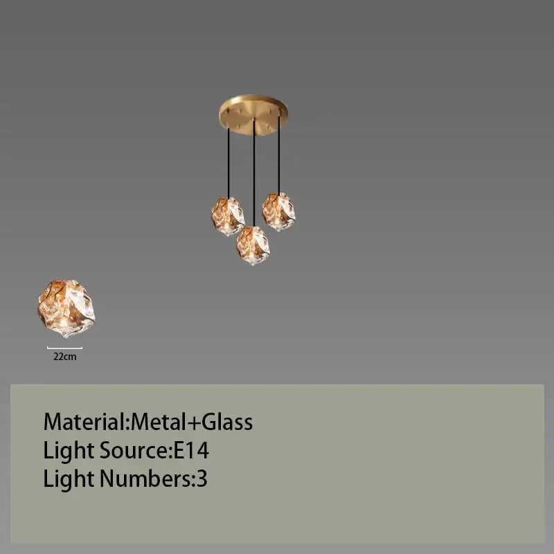 Postmodern gold irregular glass led chandelier with three faceted crystal globes suspended by black cords