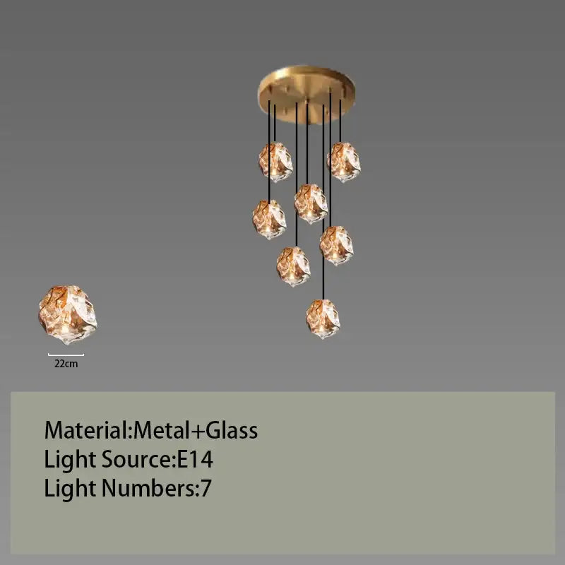 Postmodern gold led chandelier with seven irregular faceted glass globes for dining room lighting