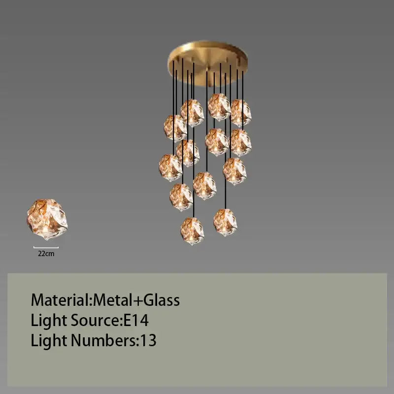 Postmodern gold glass led chandelier with 13 faceted glass globes suspended from a circular metal base for dining room light