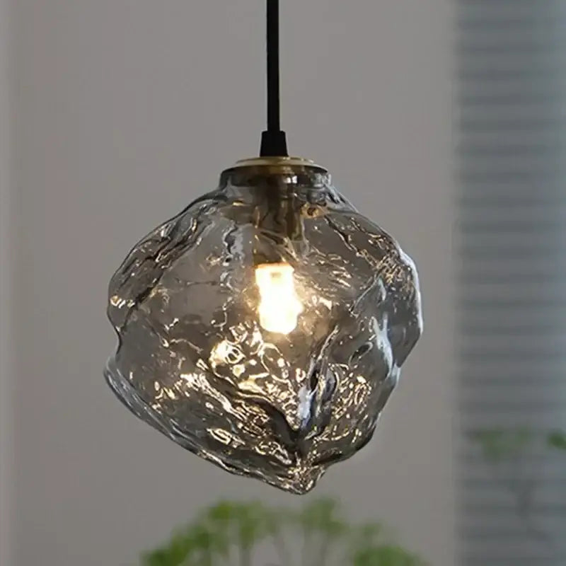 Postmodern gold irregular glass led chandelier with textured translucent gray glass pendant light and warm bulb inside