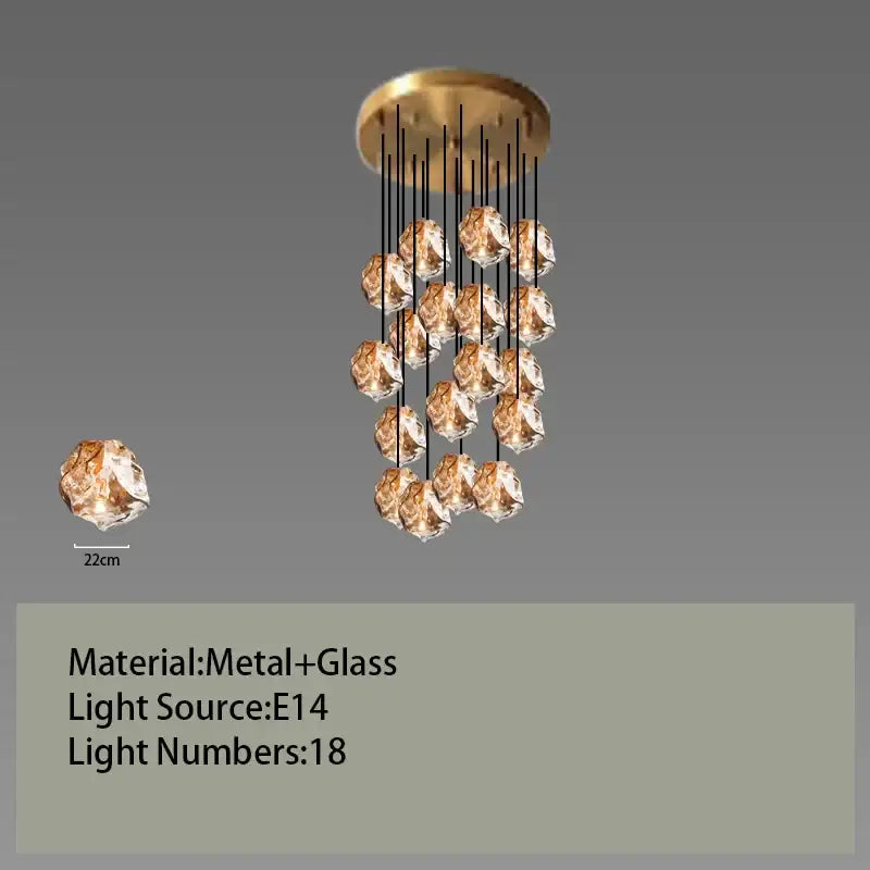 Postmodern gold irregular glass led chandelier with 18 faceted globe lights hanging from circular metal mount