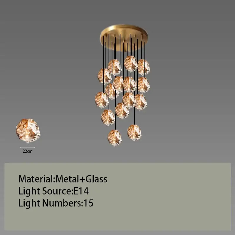 Postmodern gold-toned metal and glass led chandelier with 15 crystal-like globes for dining room lighting