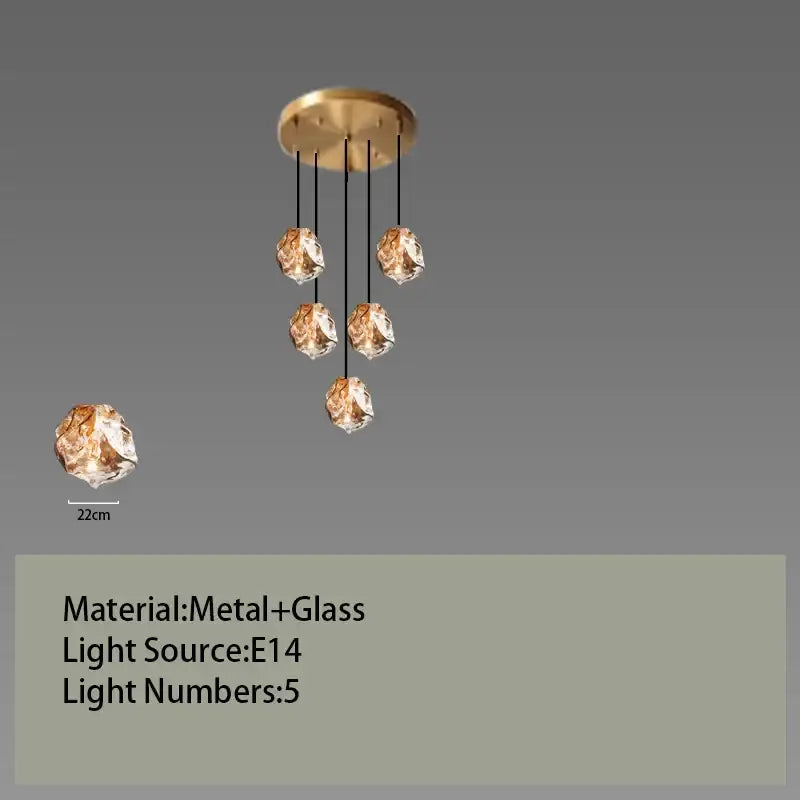 Postmodern gold irregular glass led chandelier with five faceted translucent globes suspended by black cords