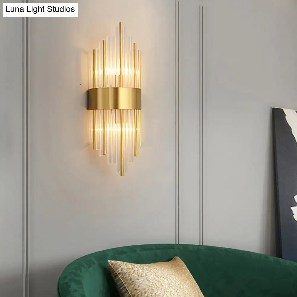 Gold-toned postmodern k9 crystal wall sconce with vertical glass rods for living room 2-light illumination