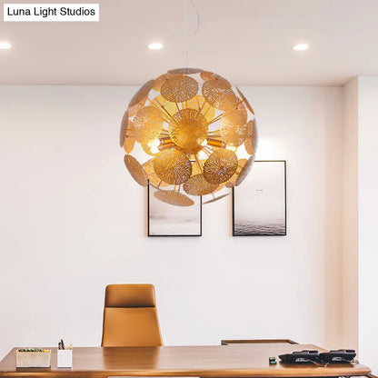 Lámpara colgante de araña posmoderna con forma de hoja de loto dorada y diseño de globo - Lámpara metálica de 5 luces