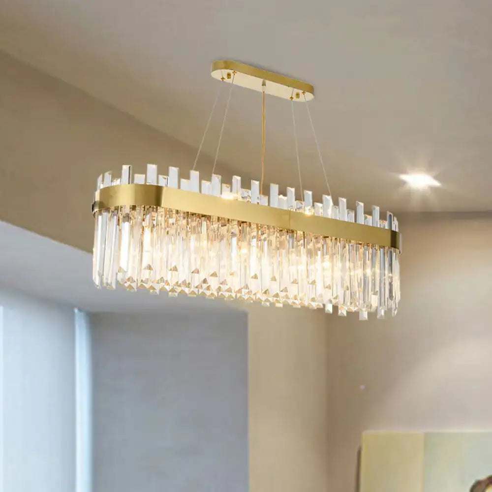 Postmodern gold-toned oval island lighting fixture with clear crystal prisms for dining room 110v-120v and 220v-240v
