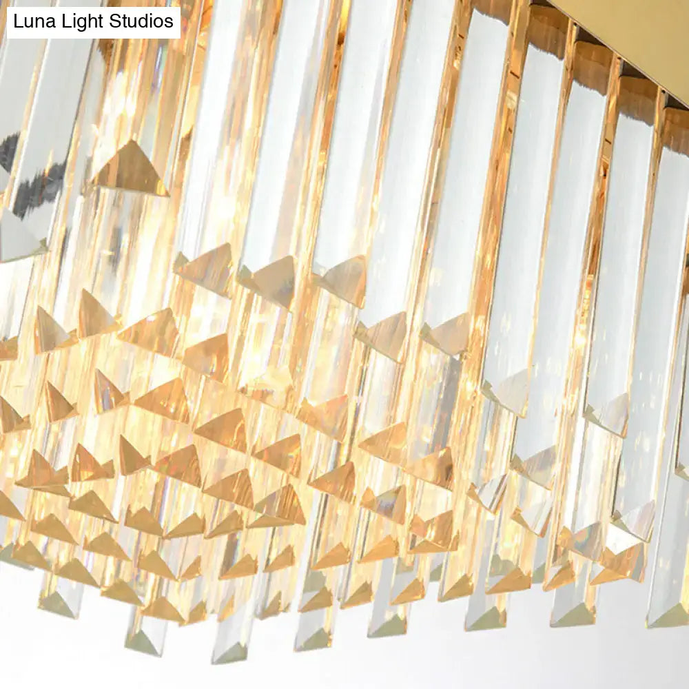 Postmodern gold oval island lighting fixture with golden crystal chandelier prisms and polished brass accents 110v-120v