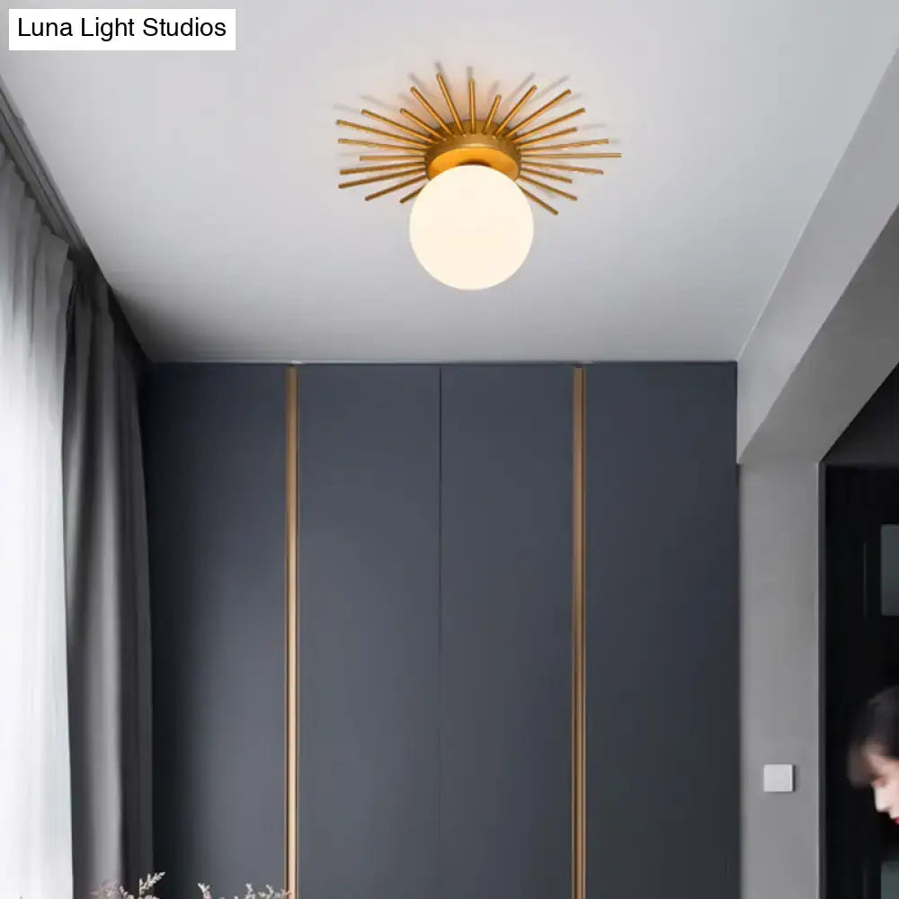 DecorBites gold flushmount bedroom ceiling light with cream glass shade and gold sunburst design for 110v-120v use