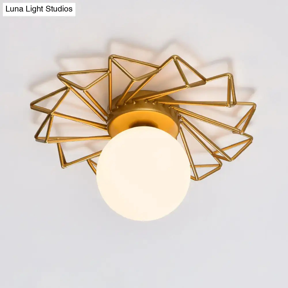 Decorbites gold flushmount bedroom ceiling light with gold-toned geometric frame cream glass shade 220v-240v 110v-120v