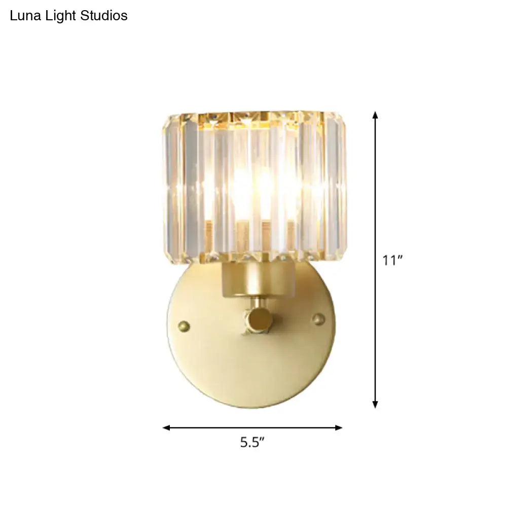 Postmodern gold wall lamp with prismatic crystal shade featuring a faceted crystal shade bedroom sconce