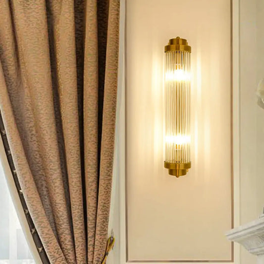 DecorBites™ DecorBites™ Postmodern Gold Wall Sconce with Clear Fluted Glass - 2 Lights, Tubular Design