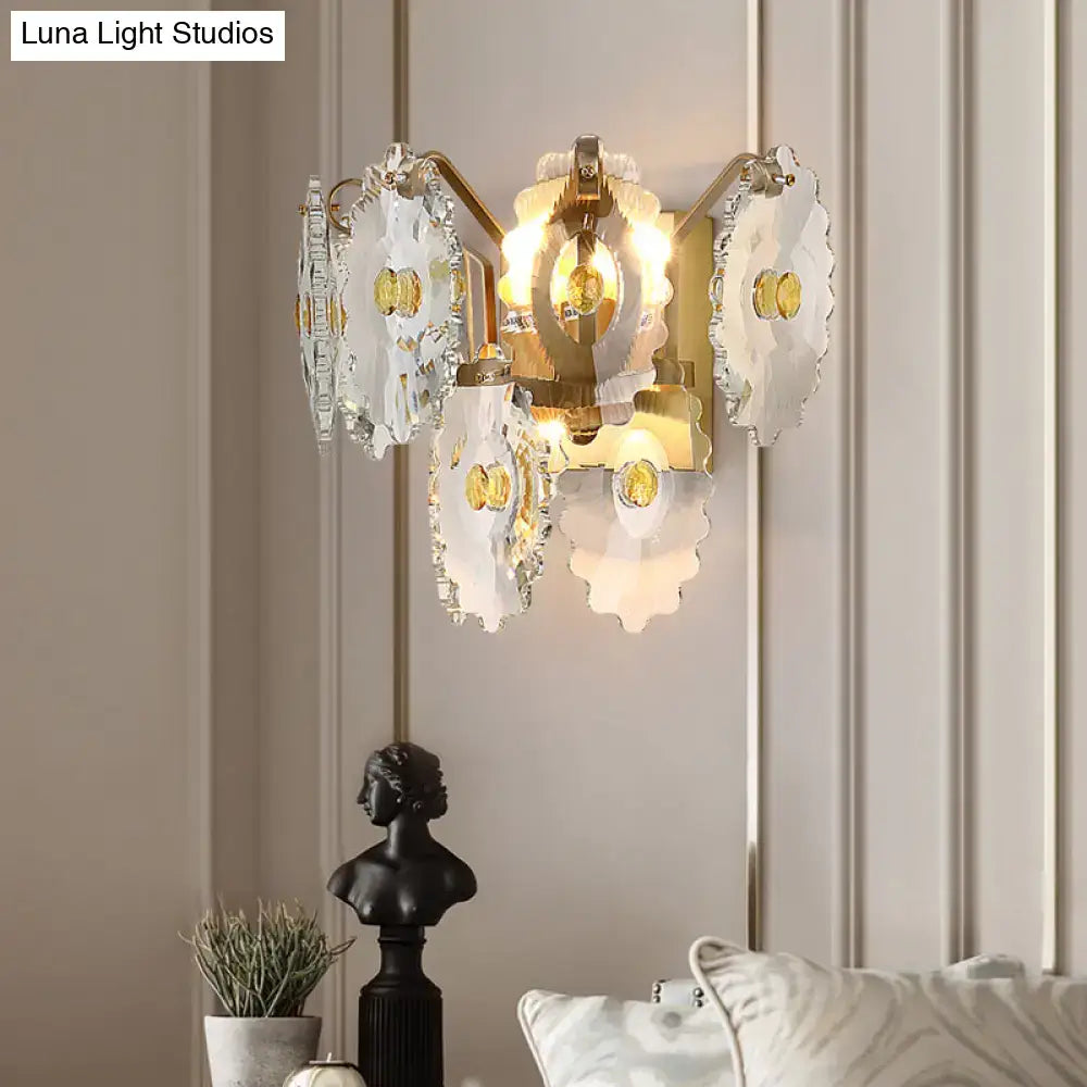 Elegant green gold gem crystal wall sconce with scalloped glass panels and gold accents for bedroom lighting