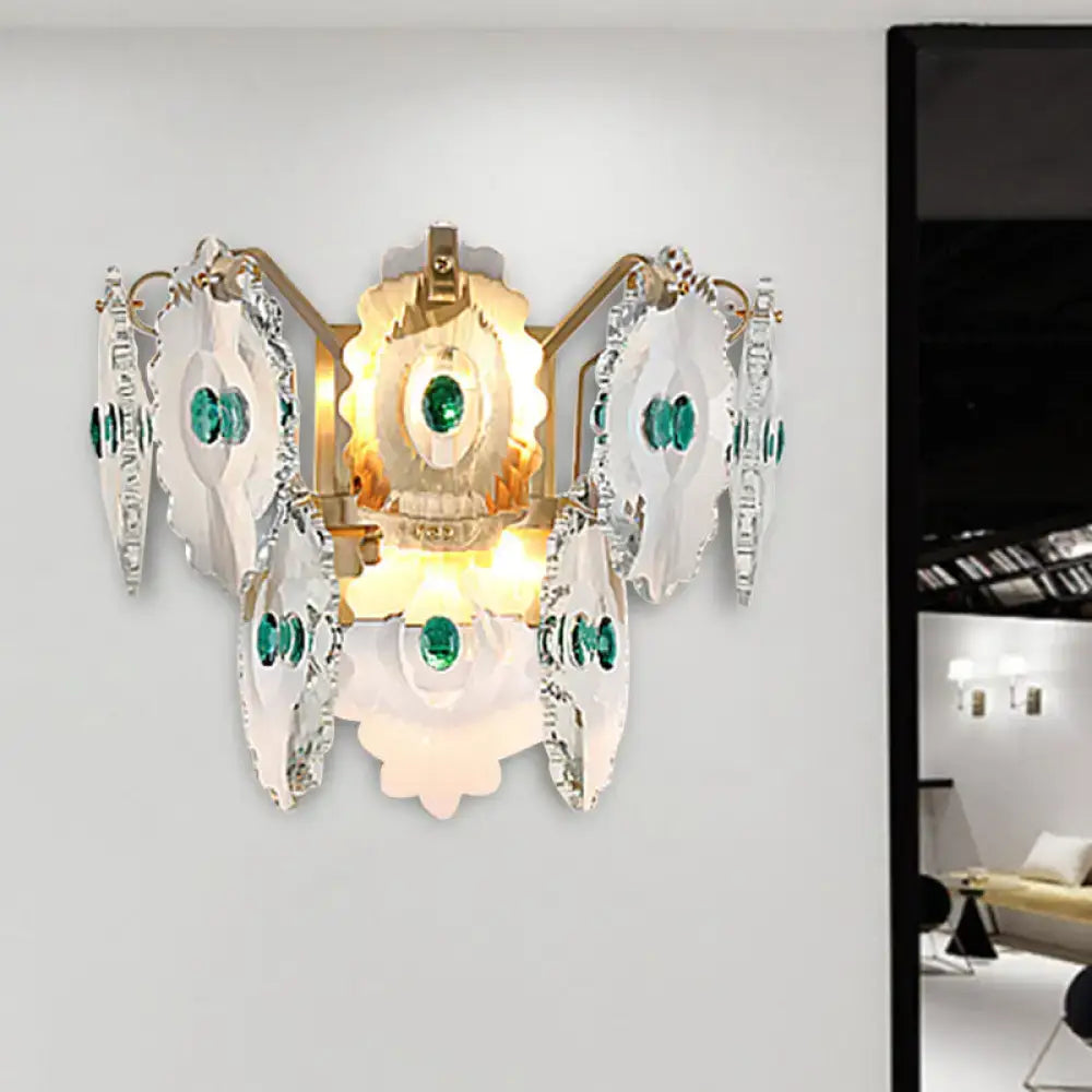 Elegant green gold gem crystal wall sconce with translucent white glass petals and inch fixture width for bedroom light